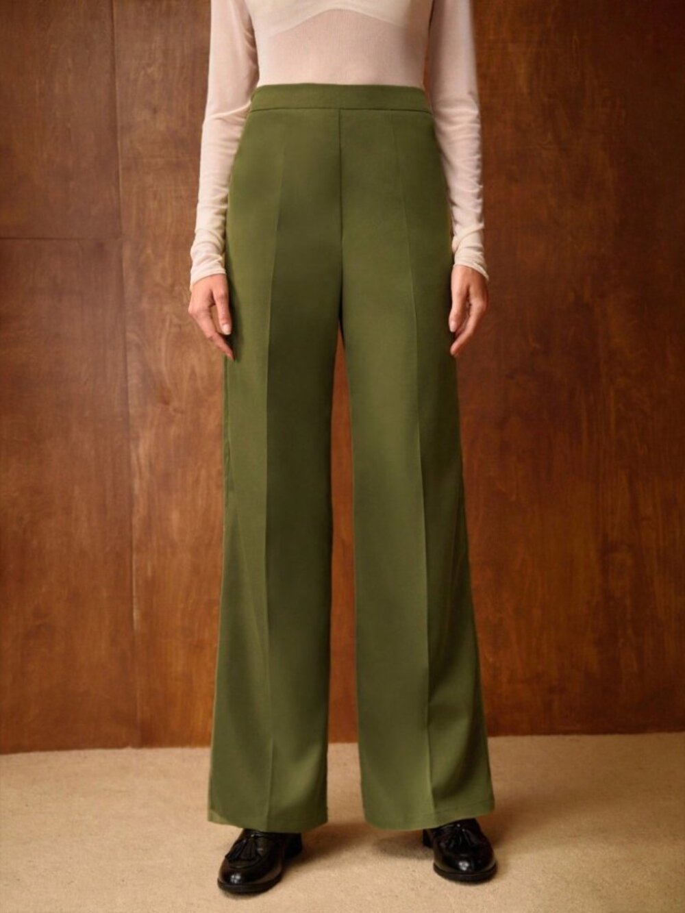 Olive Green Wide Leg Pleated Trousers